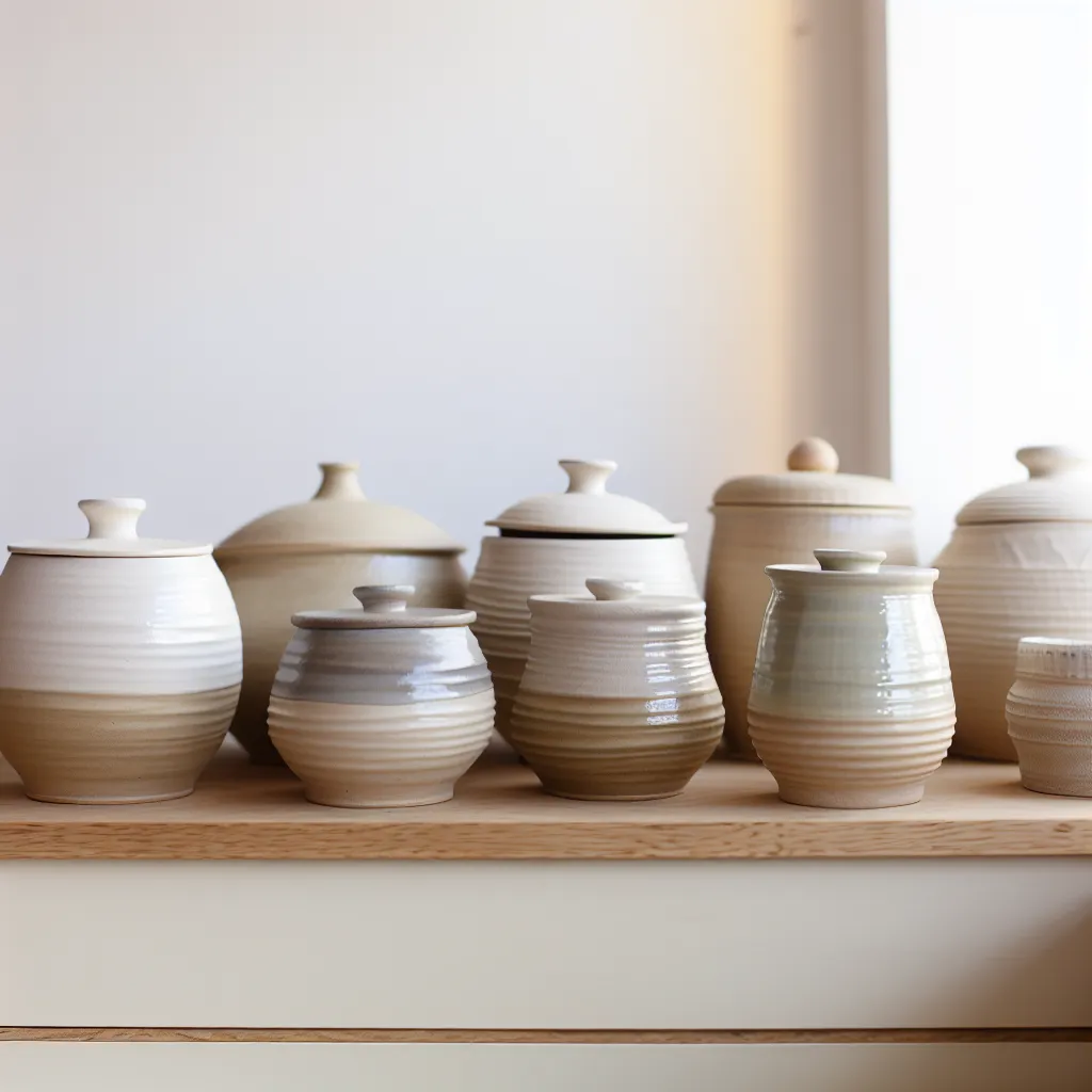 Handcrafted ceramic containers on light oak shelf